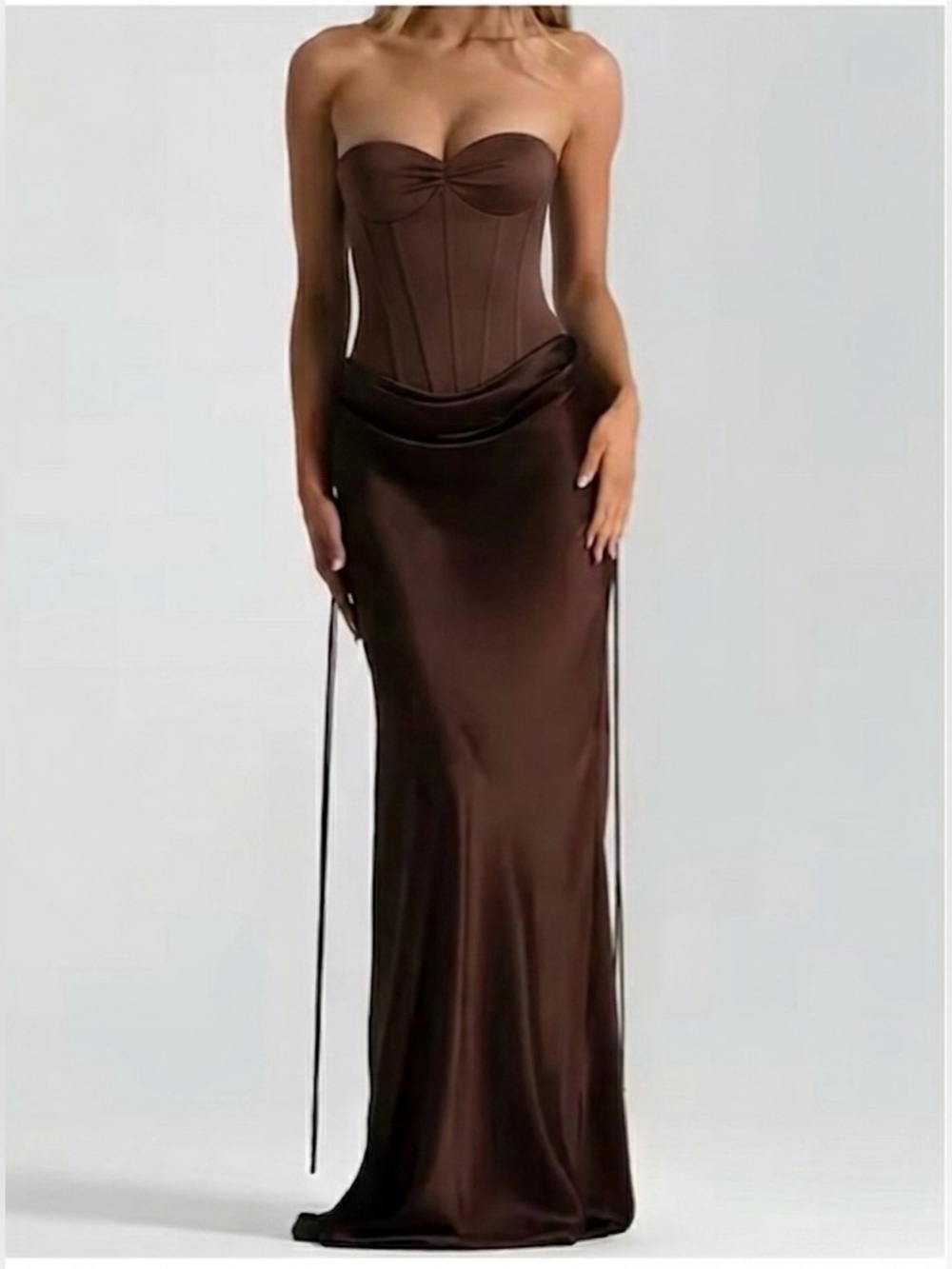 Strapless Brown Satin Evening Birthday Gown outfit